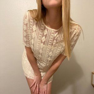 LAST CHANCE! - Cream Shift Dress With Mesh Overlay